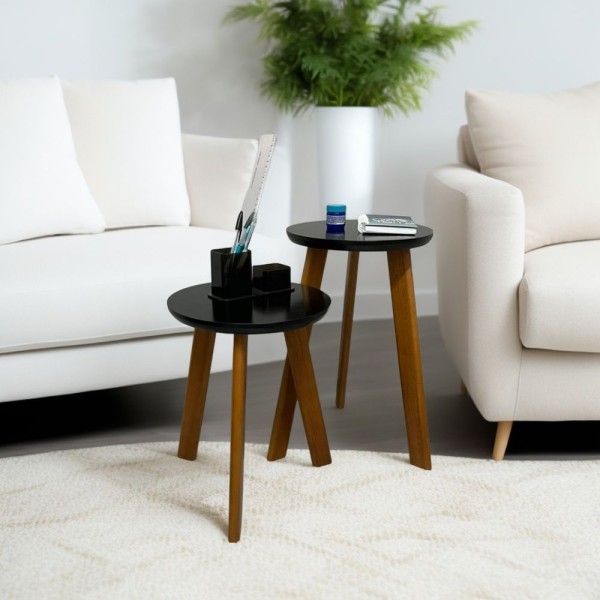 Encontraproduto.com.br - Kit 2 Mesas De Canto Pé Palito Tripé Madeira Para Sala Quarto preto