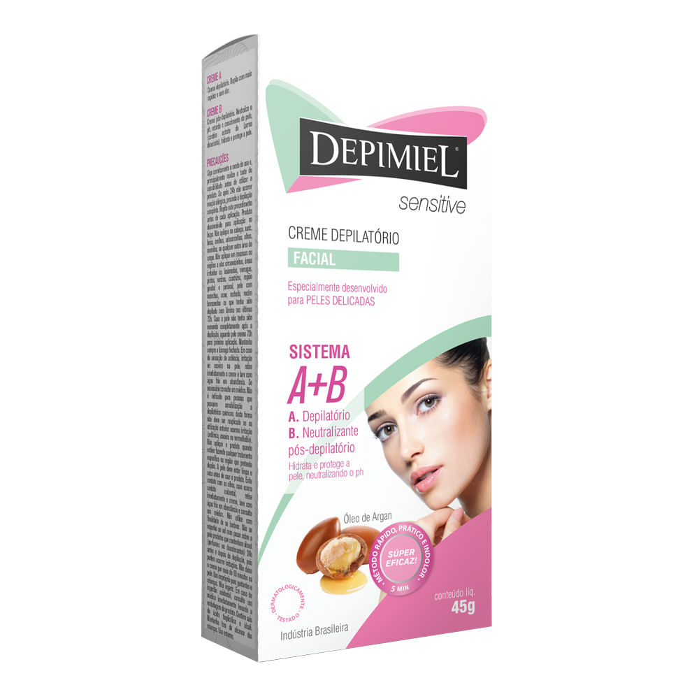 Encontraproduto.com.br - Creme Depilatório Depimiel Sensitive Facial Sistema A + B Óleo de Argan 45g