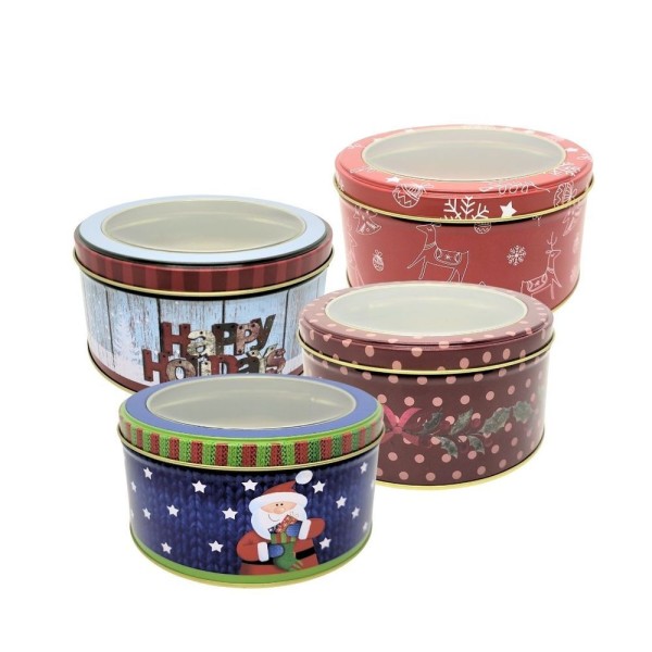 Jogo 4 Latas Metal Redonda Natal Decoradas Papai Noel Com Visor 800ml - Art Christmas