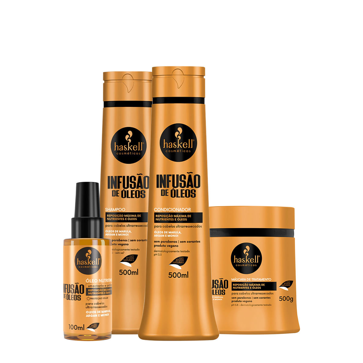 Encontraproduto.com.br - Kit Haskell Infusão de Óleos Shampoo Condicionador Máscara e Óleo G (4 produtos)