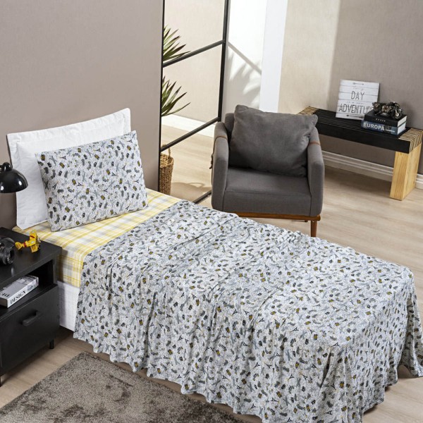 Encontraproduto.com.br - Jogo Cama Lençol Studio Solteiro Malha Estampada 100% Algodão Meninas 3 Peças - Adventure - Cinza