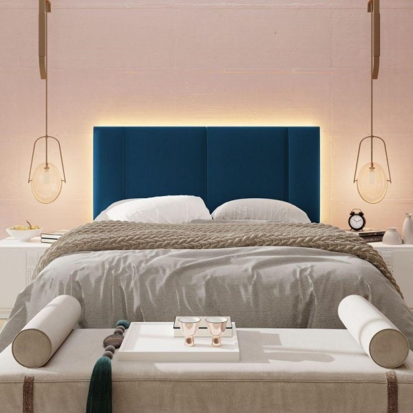 Encontraproduto.com.br - Cabeceira Estofada Led Maitê Cama Box Casal 140 Cm Veludo Cor:azul Marinho