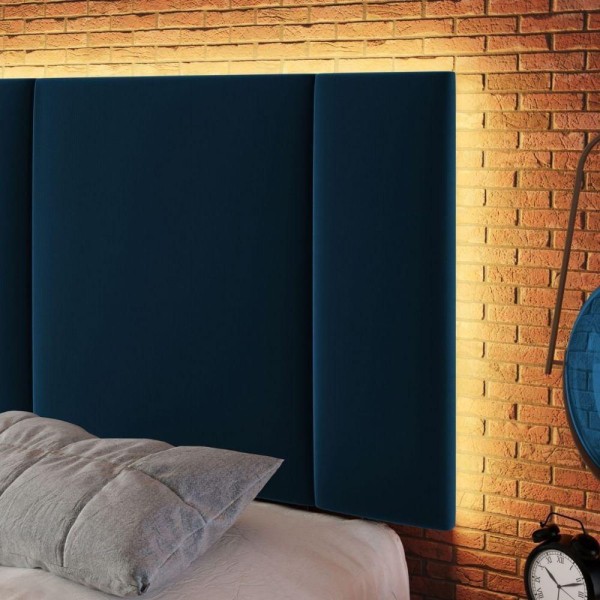 Encontraproduto.com.br - Cabeceira Estofada Led Maitê Cama Box Casal 140 Cm Veludo Cor:azul Marinho
