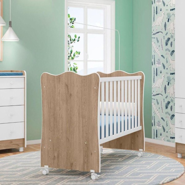 Encontraproduto.com.br - Berço De Bebê Doce Sonho Para Quarto De Bebê Com Rodízios Branco Carvalho Rústico