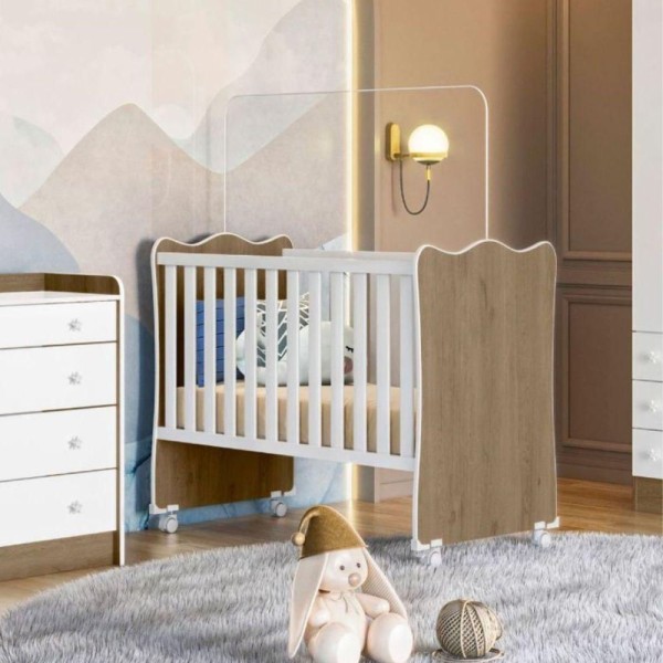 Encontraproduto.com.br - Berço De Bebê Doce Sonho Para Quarto De Bebê Com Rodízios Branco Carvalho Rústico