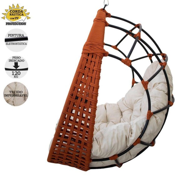 Encontraproduto.com.br - Balanço Ninho Suspenso Corda Náutica Ocre Almofada Impermeável Branco Com Mola E Mosquetão