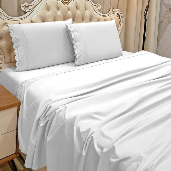 Encontraproduto.com.br - Jogo de Cama Lençol Realce Queen 4 Peças Percal 300 Fios Bordado Inglês Macio - Branco