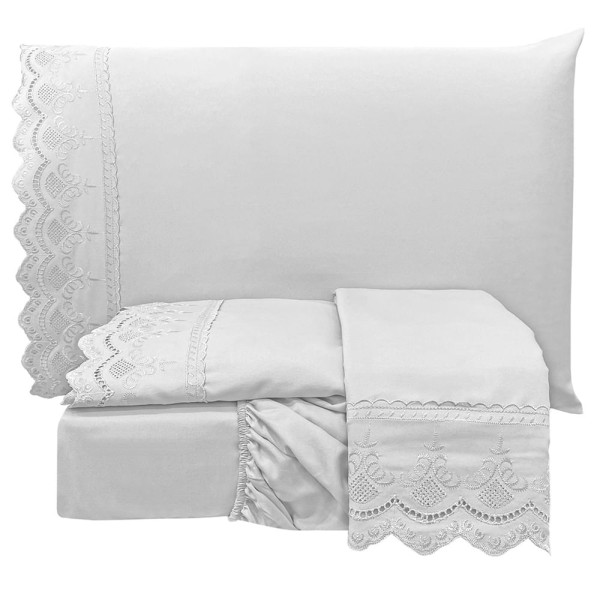 Encontraproduto.com.br - Jogo de Cama Lençol Realce Queen 4 Peças Percal 300 Fios Bordado Inglês Macio - Branco