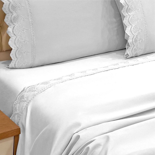 Encontraproduto.com.br - Jogo de Cama Lençol Realce Queen 4 Peças Percal 300 Fios Bordado Inglês Macio - Branco