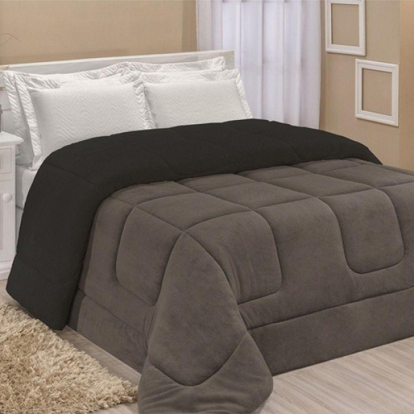 Encontraproduto.com.br - Edredom Coberdrom Fenix King Sherpa E Manta - Cinza - Preto