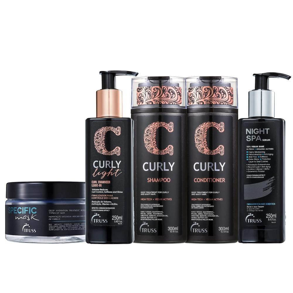 Kit Truss Curly - Shampoo 300ml + Condicionador 300ml + Leave-In Light 250ml + Night Spa 250ml  + Máscara Specific 180g