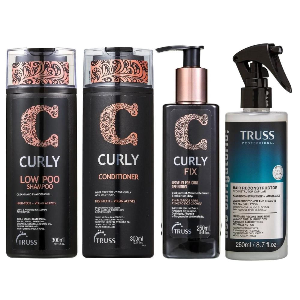 Kit Truss Curly - Shampoo Low-Poo 300ml + Condicionador 300ml + Leave-In Fix 250ml + Uso Obrigatório 260ml