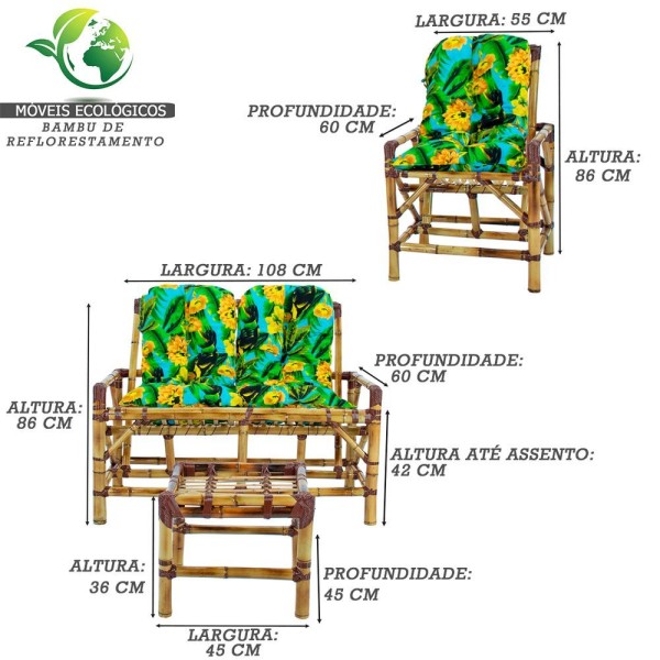 Encontraproduto.com.br - Bambu Namoradeira, 4 Lugares 4 Almofadas Mesa Centro