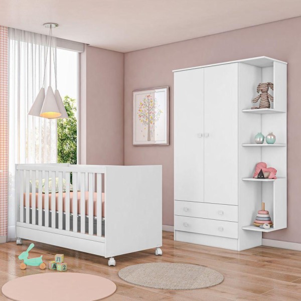 Encontraproduto.com.br - Conjunto Quarto Bebê Guarda-Roupa 2 Portas E Berço Multifuncional 2X1 Vira Cama Branco