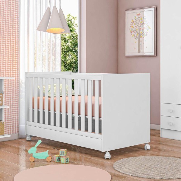 Encontraproduto.com.br - Conjunto Quarto Bebê Guarda-Roupa 2 Portas E Berço Multifuncional 2X1 Vira Cama Branco