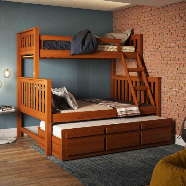 Treliche Com Cama De Casal Castanho Claro C- Cama Auxiliar 3 Gavetas Madeira Pinus