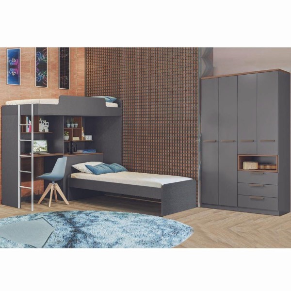 Encontraproduto.com.br - Conjunto Quarto Grafite Jatobá Guarda-roupa Módulo Office C- Cama Superior E Cama Juvenil