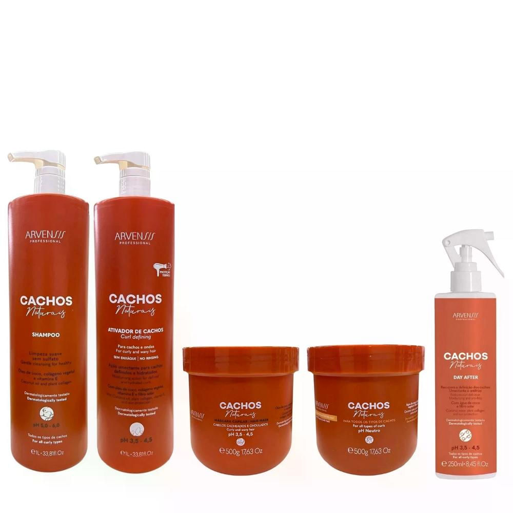 Kit Arvensis Cachos Naturais-Shampoo 1L + Ativador De Cachos 1L + Máscara 500g + Geleia Ativadora 500g + Day After 250ml