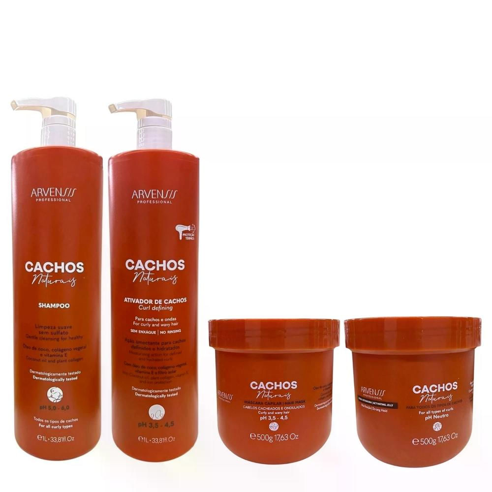 Kit Arvensis Professional Cachos Naturais - Shampoo 1L + Ativador De Cachos 1L + Máscara 500g + Geleia Alta Fixação 500g