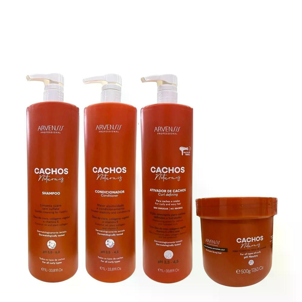 Kit Arvensis Cachos Naturais - Shampoo 1L + Condicionador 1L + Ativador De Cachos 1L + Geleia Alta Fixação 500g
