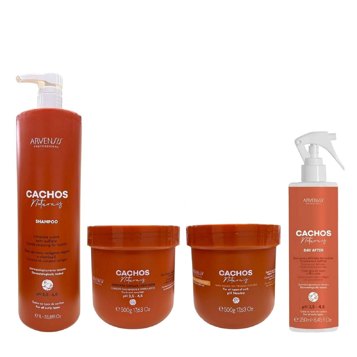 Encontraproduto.com.br - Kit Arvensis Professional Cachos Naturais - Shampoo 1L + Máscara 500g + Geleia 500g + Day After 250ml
