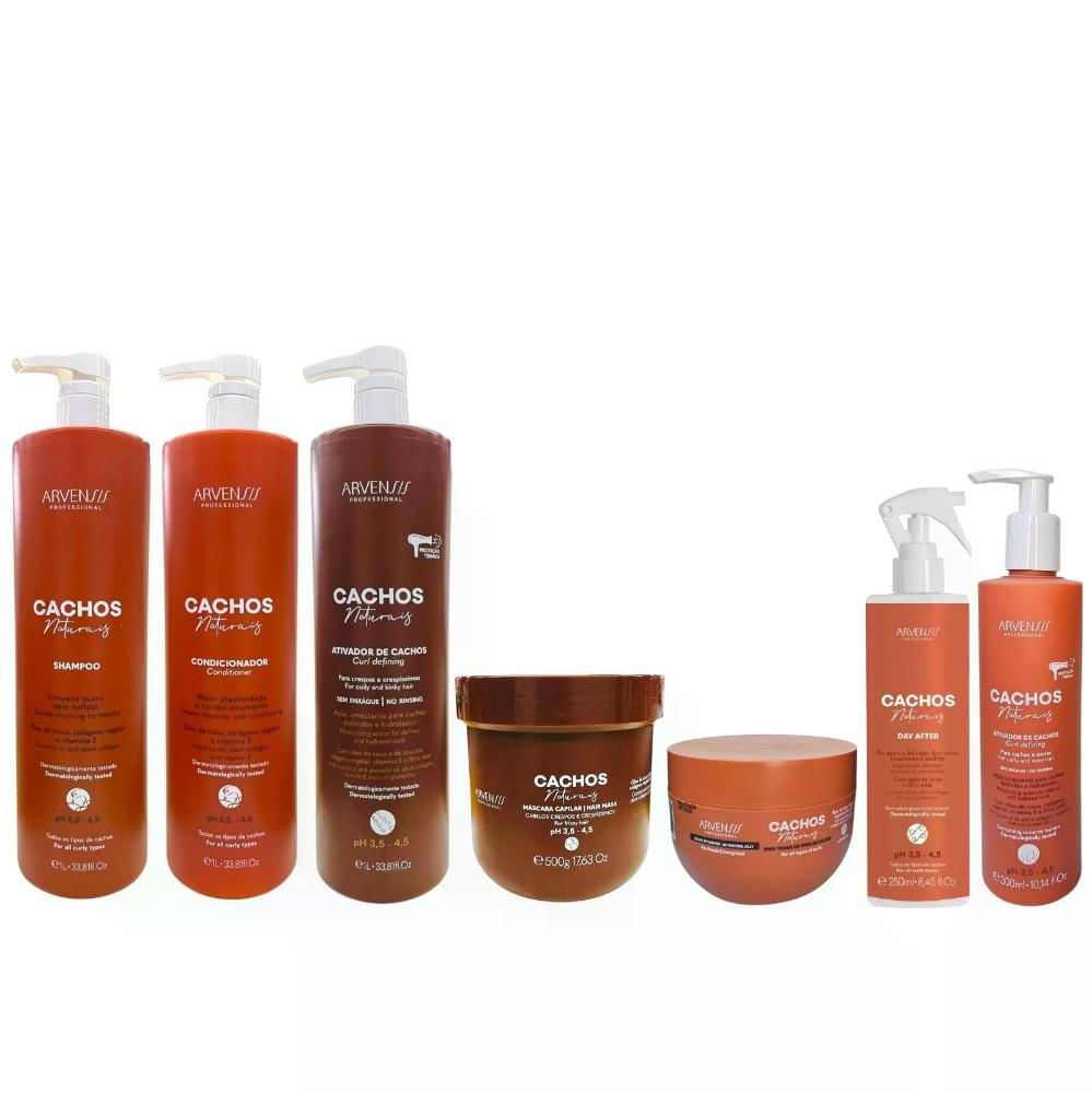 Kit Arvensis Cachos - Shampoo + Condicionador + Ativador Crespos (3x1L)+ Máscara Crespos + Geleia +Day After + Ativador