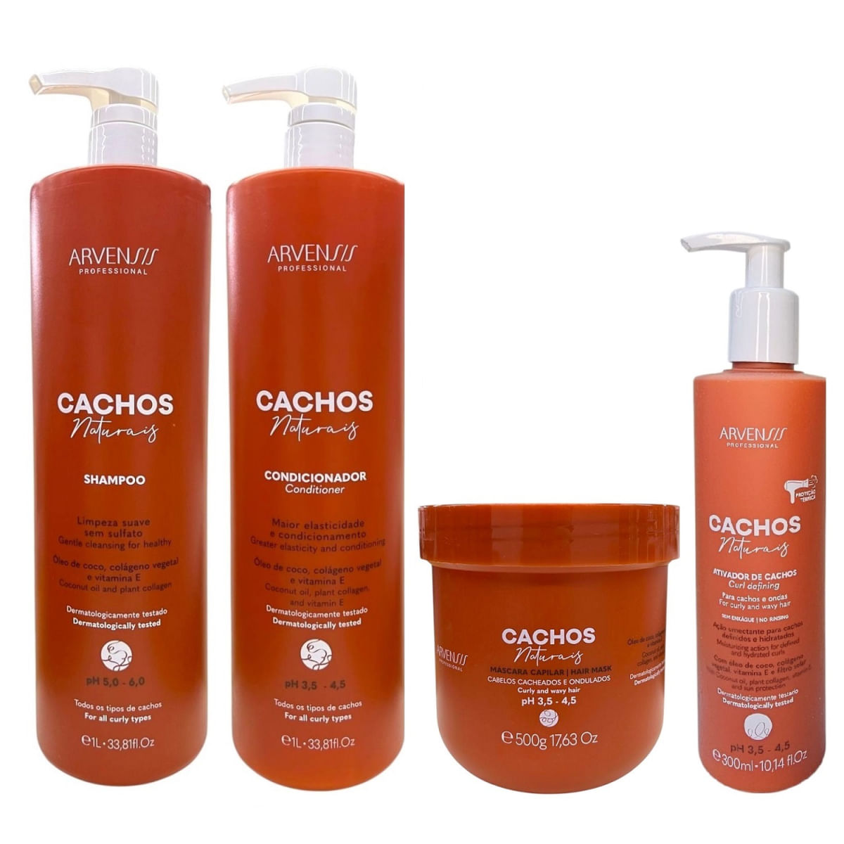 Encontraproduto.com.br - Kit Arvensis Professional Cachos Naturais - Shampoo 1L + Condicionador 1L + Máscara 500g + Ativador De Cachos 300ml