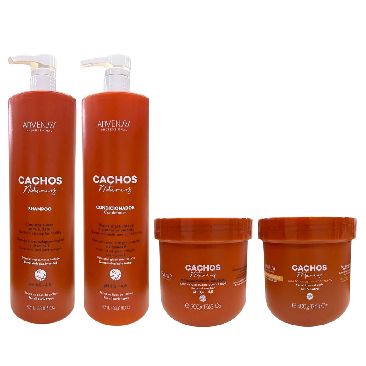 Encontraproduto.com.br - Kit Arvensis Professional Cachos Naturais - Shampoo 1L + Condicionador 1L + Máscara 500g + Geleia 500g