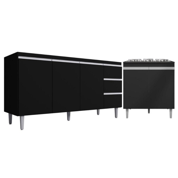 Encontraproduto.com.br - Kit Balcão Gabinete Para Pia Andreia 150cm C- Balcão Cooktop 4 Ou 5 Bocas Preto