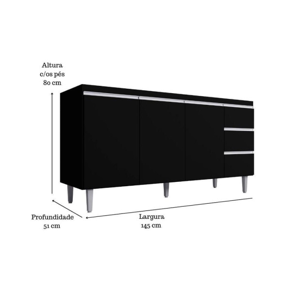 Encontraproduto.com.br - Kit Balcão Gabinete Para Pia Andreia 150cm C- Balcão Cooktop 4 Ou 5 Bocas Preto
