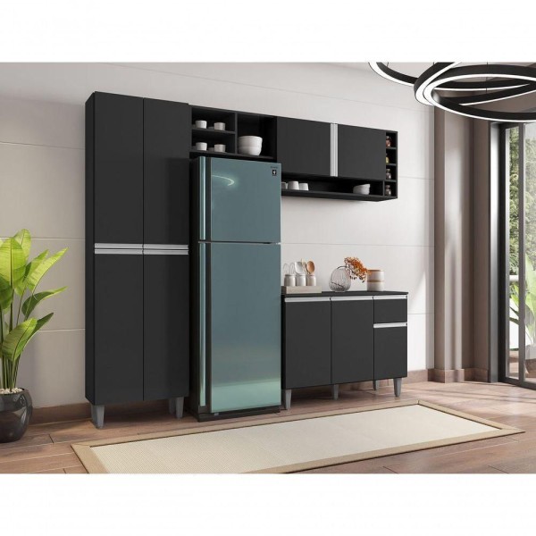 Encontraproduto.com.br - Cozinha Modulada Completa 230cm Com Balcão E Armário Aéreo Vanessa Preto