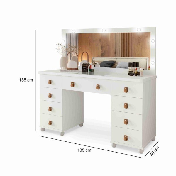 Encontraproduto.com.br - Kit Penteadeira E Banqueta Camarim Com Espelho 9 Gavetas Eloa Branco
