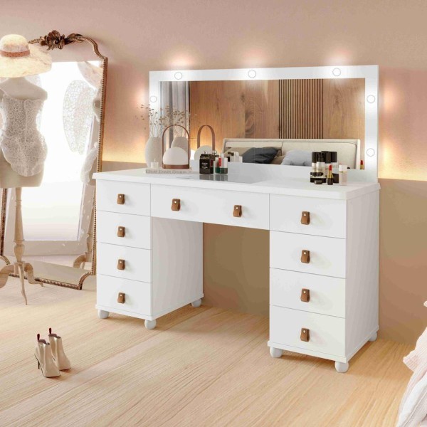 Encontraproduto.com.br - Kit Penteadeira E Banqueta Camarim Com Espelho 9 Gavetas Eloa Branco