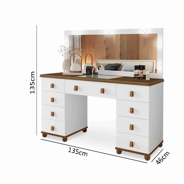 Encontraproduto.com.br - Kit Penteadeira Camarim Com Led E Espelho + Estante Amêndoa