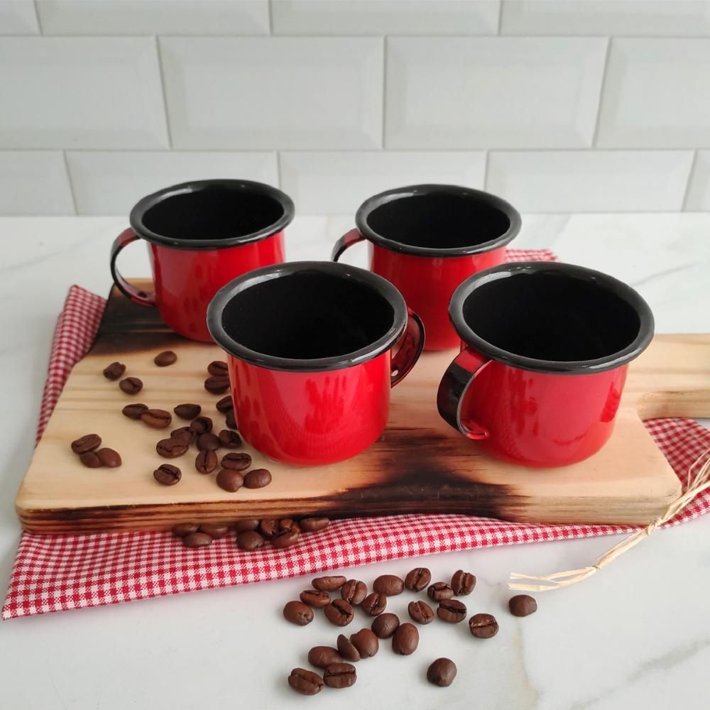 Encontraproduto.com.br - Jogo 4 Canecas Esmaltadas Retrô Vermelhas 90ml Xícaras ágata Para Café Chá