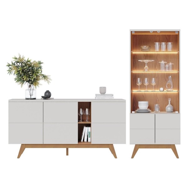 Encontraproduto.com.br - Sala De Jantar Noronha Cristaleira E Buffet Aparador Off White Matte Freijó - Colibri Off White Matte Freijó