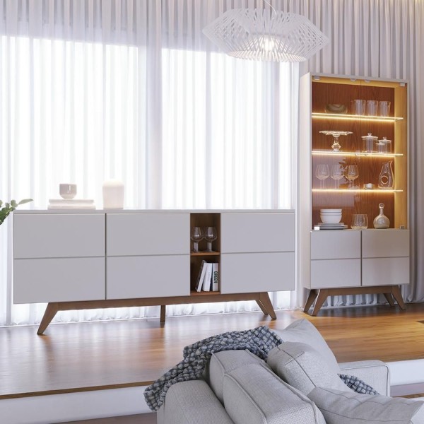 Encontraproduto.com.br - Sala De Jantar Noronha Cristaleira E Buffet Aparador Off White Matte Freijó - Colibri Off White Matte Freijó