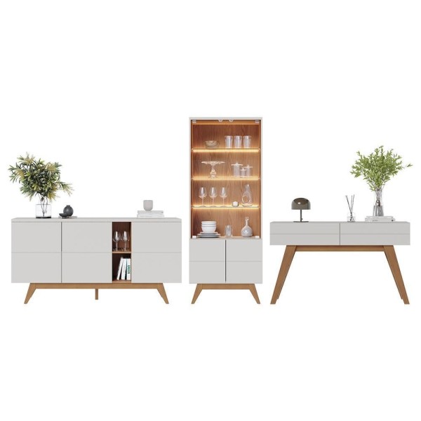 Encontraproduto.com.br - Sala De Jantar Noronha Buffet, Cristaleira E Aparador Off White Matte Freijó - Colibri Off White Matte Freijó