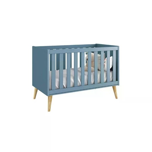 Encontraproduto.com.br - Berço Americano Theo Azul Fosco Com Pés Madeira Natural E Colchão D18 - Reller Móveis Azul Fosco