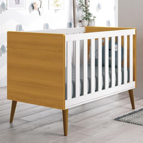 Encontraproduto.com.br - Berço Mini Cama Theo Retrô Branco Savana Com Pés Amadeirado E Colchão D18 - Reller Móveis Branco Savana