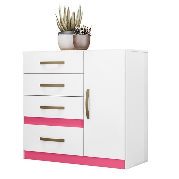 Cômoda Sapateira Vênus 1 Porta E 4 Gavetas Color Flex Branco Rosa - Moval Branco Rosa