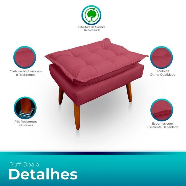 Encontraproduto.com.br - Kit 2 Puff Opala Retangular Para Sala e Quarto Suede Rose
