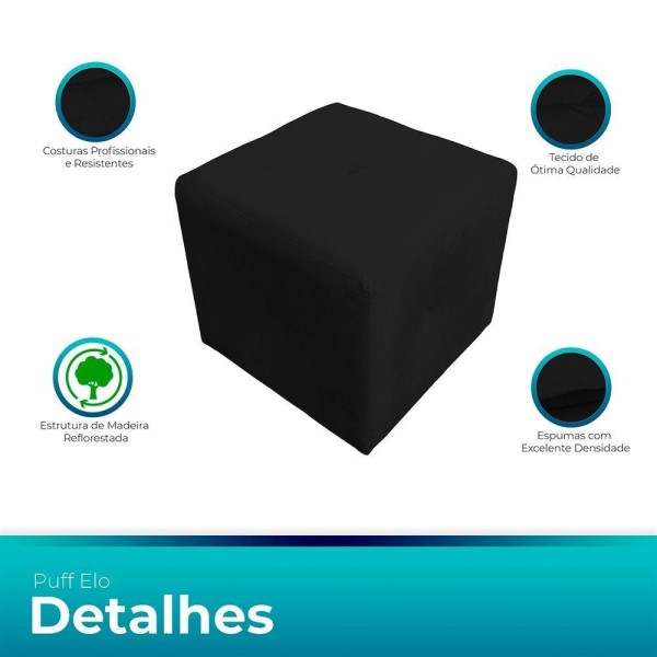 Encontraproduto.com.br - Kit 2 Puff Retangular Elo Para Sala e Quarto Suede Preto