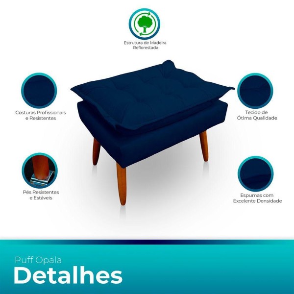 Encontraproduto.com.br - Puff Opala Retangular Para Sala e Quarto Suede Azul