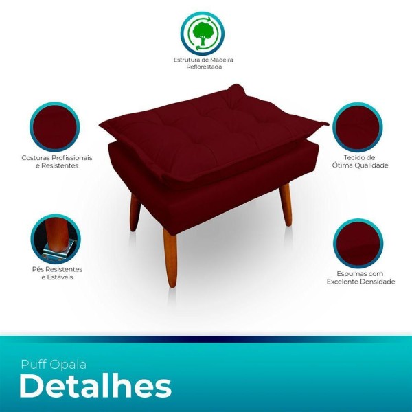 Encontraproduto.com.br - Puff Opala Retangular Para Sala e Quarto Suede Bordo