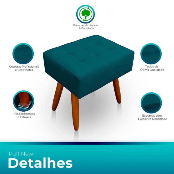 Encontraproduto.com.br - Puff Retangular New Para Sala e Quarto Suede Azul Turquesa