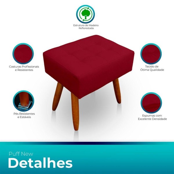 Encontraproduto.com.br - Puff Retangular New Para Sala e Quarto Suede Vermelho