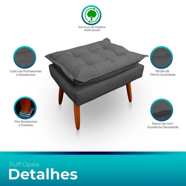 Encontraproduto.com.br - Puff Opala Retangular Para Sala e Quarto Suede Cinza