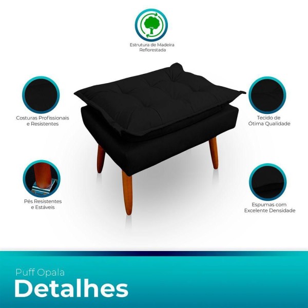 Encontraproduto.com.br - Kit 2 Puff Opala Retangular Para Sala e Quarto Suede Preto