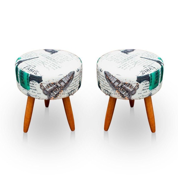 Encontraproduto.com.br - Kit 2 Puff Redondo Estampado Para Sala e Quarto Suede Paris